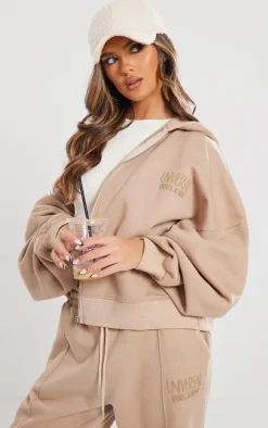 Best PrettyLittleThing Premium Washed Tonal Print Zip Up Boxy Hoodie Light Mocha