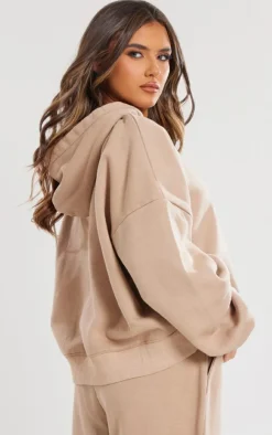 Best PrettyLittleThing Premium Washed Tonal Print Zip Up Boxy Hoodie Light Mocha