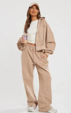 Best PrettyLittleThing Premium Washed Tonal Print Zip Up Boxy Hoodie Light Mocha