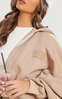 Best PrettyLittleThing Premium Washed Tonal Print Zip Up Boxy Hoodie Light Mocha
