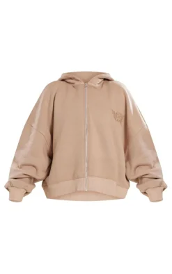 Best PrettyLittleThing Premium Washed Tonal Print Zip Up Boxy Hoodie Light Mocha
