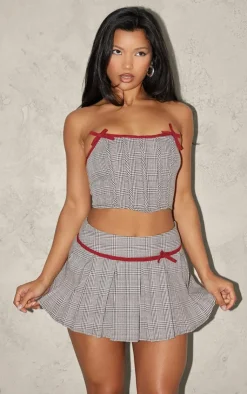 Clearance PrettyLittleThing Woven Houndstooth Bow Skater Skirt Light Mocha