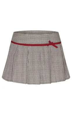 Clearance PrettyLittleThing Woven Houndstooth Bow Skater Skirt Light Mocha