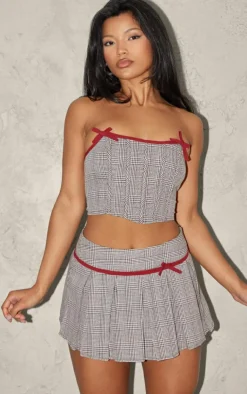 New PrettyLittleThing Woven Houndstooth Bow Boned Corset Light Mocha