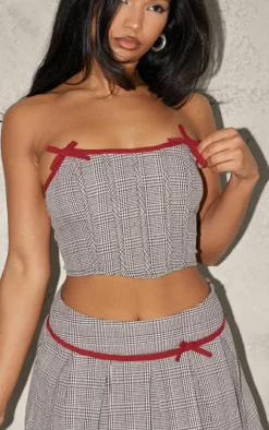 New PrettyLittleThing Woven Houndstooth Bow Boned Corset Light Mocha