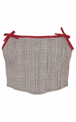 New PrettyLittleThing Woven Houndstooth Bow Boned Corset Light Mocha
