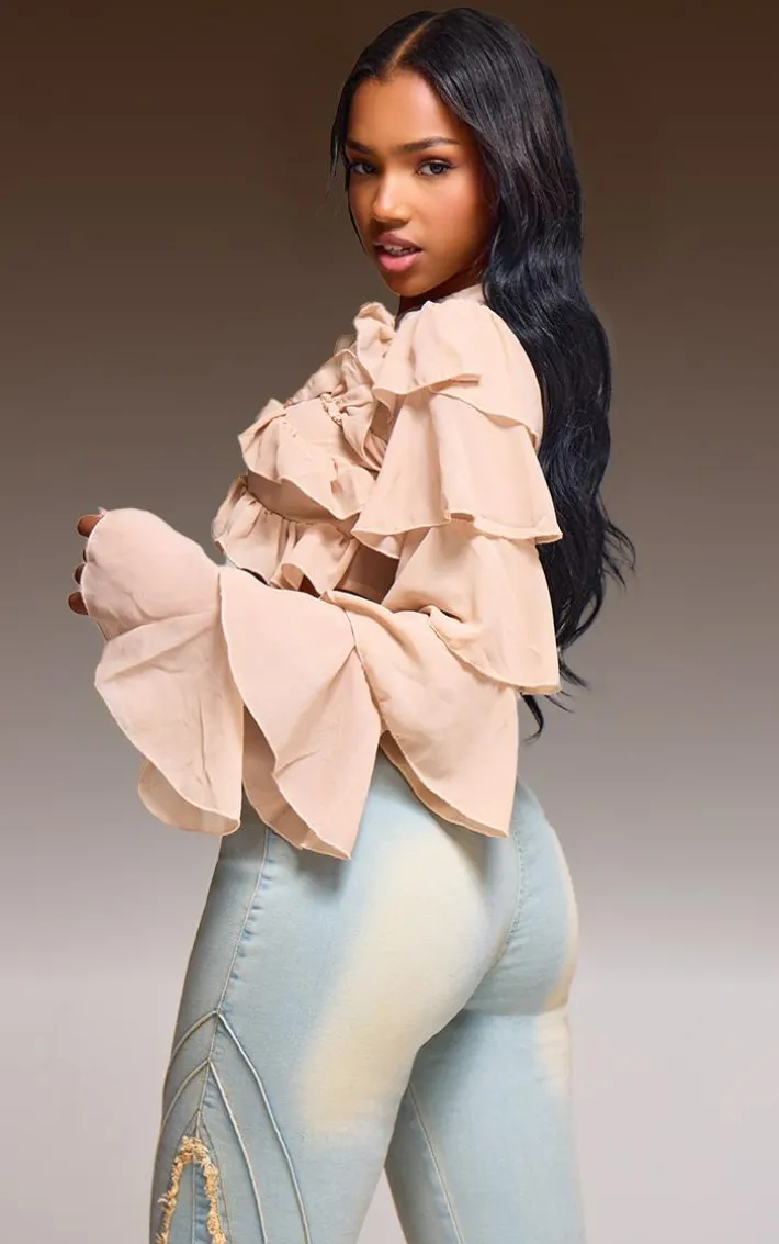Light Nude Chiffon Ruffle Tie Detail Crop Top
