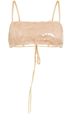 Sale PrettyLittleThing Lace Up Sequin Bandeau Top Light Nude