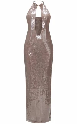 Sequin High Neck Plunge Maxi Dress-PrettyLittleThing Clearance