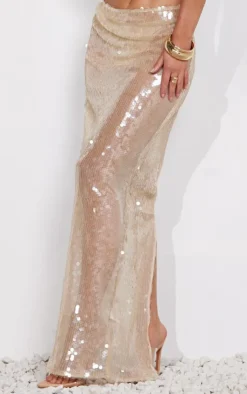 Online PrettyLittleThing Sheer Sequin High Waist Maxi Skirt Light Nude