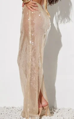 Online PrettyLittleThing Sheer Sequin High Waist Maxi Skirt Light Nude