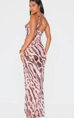 Light Pink Animal Print One Shoulder Mesh Maxi Beach Dress