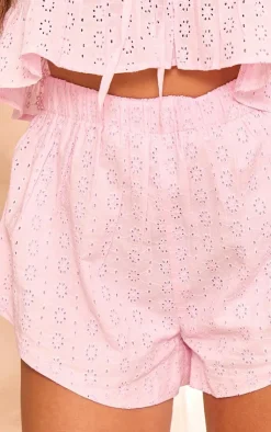 Online PrettyLittleThing Broderie High Waisted Shorts Light Pink