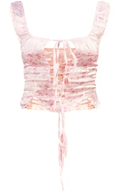 Clearance PrettyLittleThing Ditsy Floral Print Satin Lace Up Ruched Bust Corset Light Pink