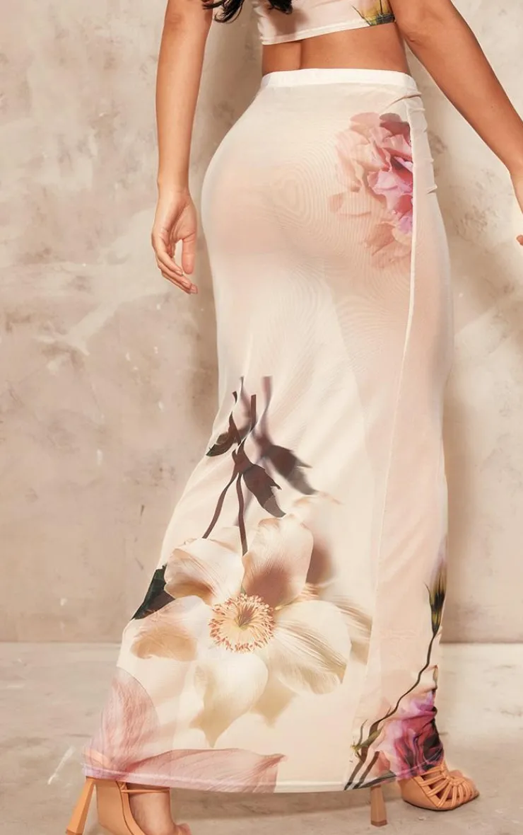 Best PrettyLittleThing Floral Mesh Maxi Skirt Light Pink