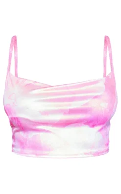 Discount PrettyLittleThing Floral Print Acetate Slinky Cowl Neck Strappy Top Light Pink