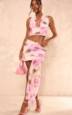 Sale PrettyLittleThing Floral Print Chiffon Drape Front Low Rise Micro Mini Skirt Light Pink