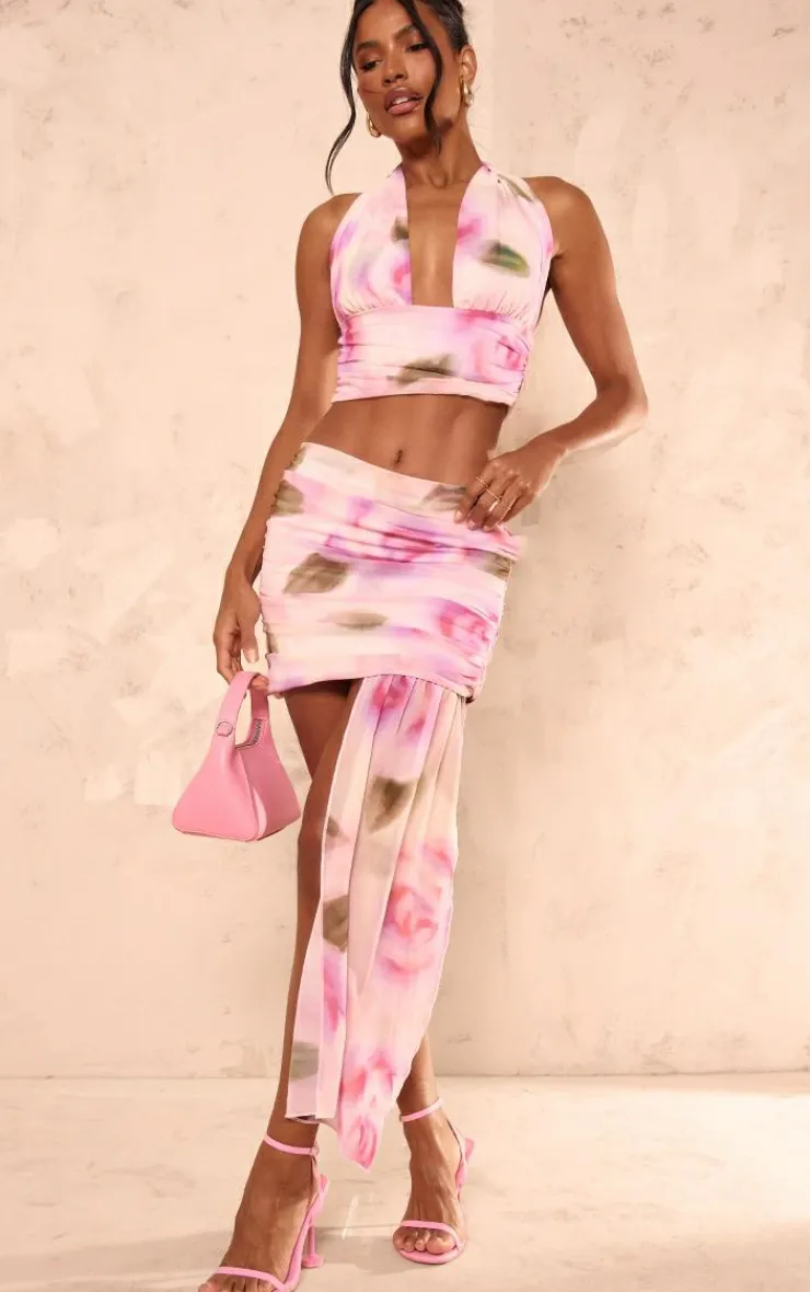 Sale PrettyLittleThing Floral Print Chiffon Drape Front Low Rise Micro Mini Skirt Light Pink