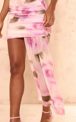 Sale PrettyLittleThing Floral Print Chiffon Drape Front Low Rise Micro Mini Skirt Light Pink