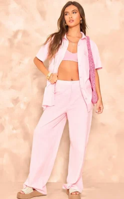 New PrettyLittleThing Linen Look High Waisted Tailored Pants Light Pink