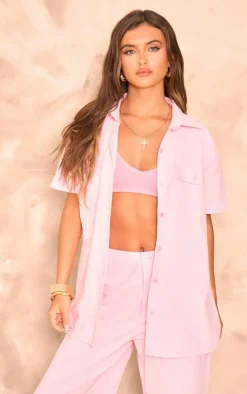 PrettyLittleThing Linen Look Pocket Front Short Sleeve Oversized Shirt Light Pink