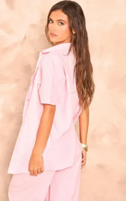 PrettyLittleThing Linen Look Pocket Front Short Sleeve Oversized Shirt Light Pink
