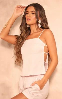 New PrettyLittleThing Linen Look Velvet Strap Detail Cami Top Light Pink
