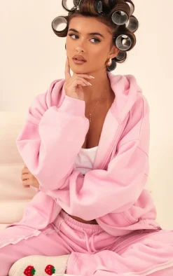 New PrettyLittleThing Oversized Zip Through Seam Detail Hoodie Light Pink