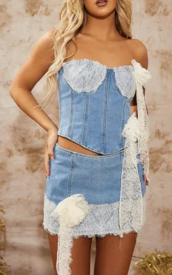 New PrettyLittleThing Light Wash Lace Detail Denim Mini Skirt Light Blue