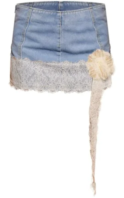 New PrettyLittleThing Light Wash Lace Detail Denim Mini Skirt Light Blue