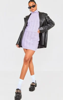 Outlet PrettyLittleThing Cable Roll Neck Knitted Sweater & Cable Knit Skirt Set Lilac