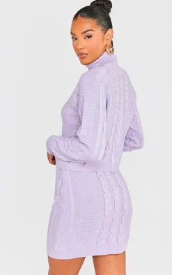 Outlet PrettyLittleThing Cable Roll Neck Knitted Sweater & Cable Knit Skirt Set Lilac
