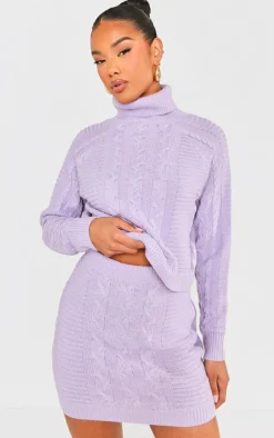 Outlet PrettyLittleThing Cable Roll Neck Knitted Sweater & Cable Knit Skirt Set Lilac