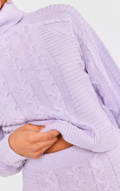Outlet PrettyLittleThing Cable Roll Neck Knitted Sweater & Cable Knit Skirt Set Lilac