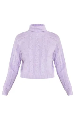Outlet PrettyLittleThing Cable Roll Neck Knitted Sweater & Cable Knit Skirt Set Lilac