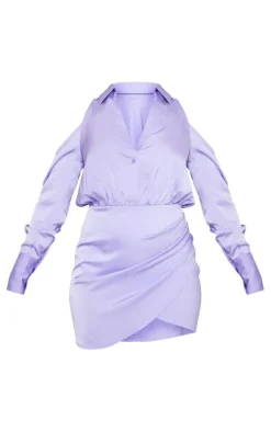 Cold Shoulder Satin Wrap Shirt Dress-PrettyLittleThing New