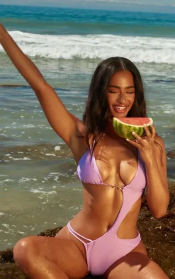 Lilac Diamante Trim Cut Out Swimsuit