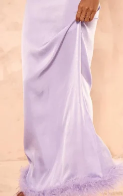 Lilac Feather Trim Satin Maxi Skirt