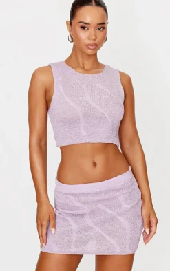 Hot PrettyLittleThing Lurex Knitted Contrast Detail Crop Top Lilac