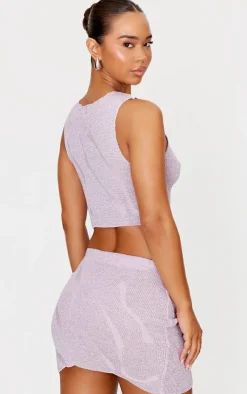 Hot PrettyLittleThing Lurex Knitted Contrast Detail Crop Top Lilac