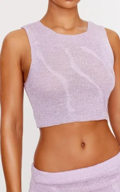 Hot PrettyLittleThing Lurex Knitted Contrast Detail Crop Top Lilac