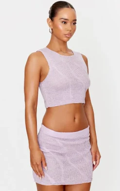 PrettyLittleThing Lurex Knitted Contrast Detail Mini Skirt Lilac
