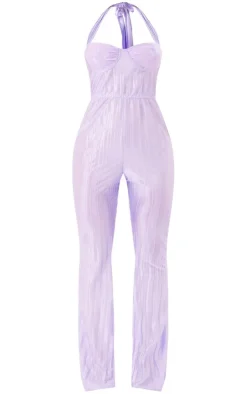 Plisse Lace Cup Underwired Halter Tie Jumpsuit-PrettyLittleThing Discount