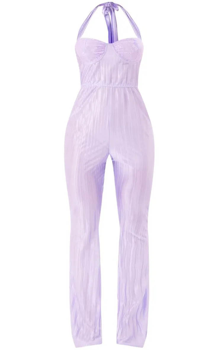 Plisse Lace Cup Underwired Halter Tie Jumpsuit-PrettyLittleThing Discount
