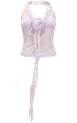 Lilac Printed Chiffon Frill Floral Applique Halter Neck Crop Top