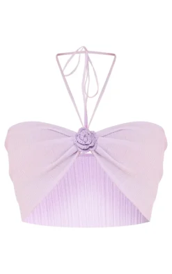 Online PrettyLittleThing Soft Rib Knit Flower Applique Crop Top Lilac