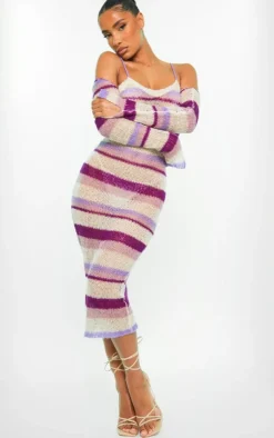 Stripe Open Knit Maxi Dress & Sleeves-PrettyLittleThing Discount