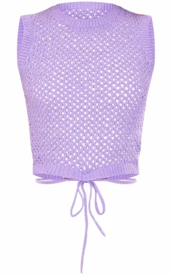 PrettyLittleThing Knitted Tops*Textured Crochet Tie Detail Racer Neck Top