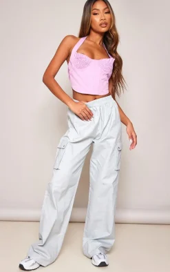 Lilac Woven Ruched Bust Boned Halter Neck Crop Top