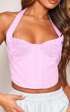 Lilac Woven Ruched Bust Boned Halter Neck Crop Top